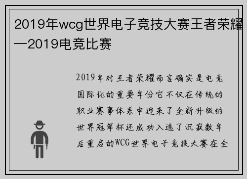 2019年wcg世界电子竞技大赛王者荣耀—2019电竞比赛