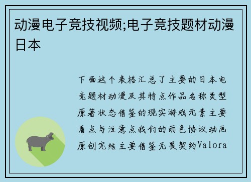 动漫电子竞技视频;电子竞技题材动漫日本