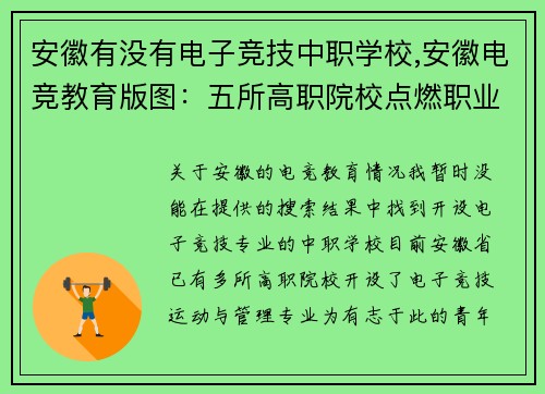 安徽有没有电子竞技中职学校,安徽电竞教育版图：五所高职院校点燃职业梦想